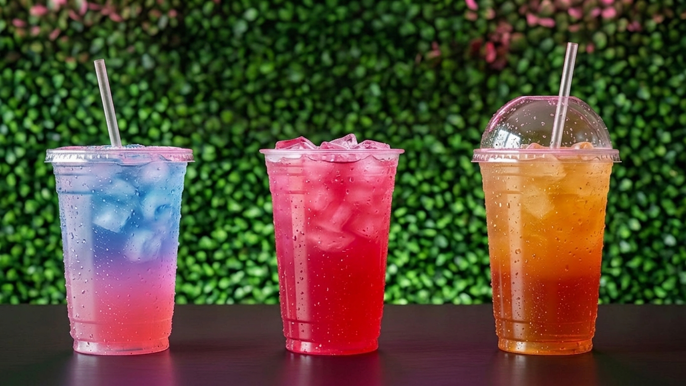 Three vibrant colorful energy drinks against a green leafy wall
